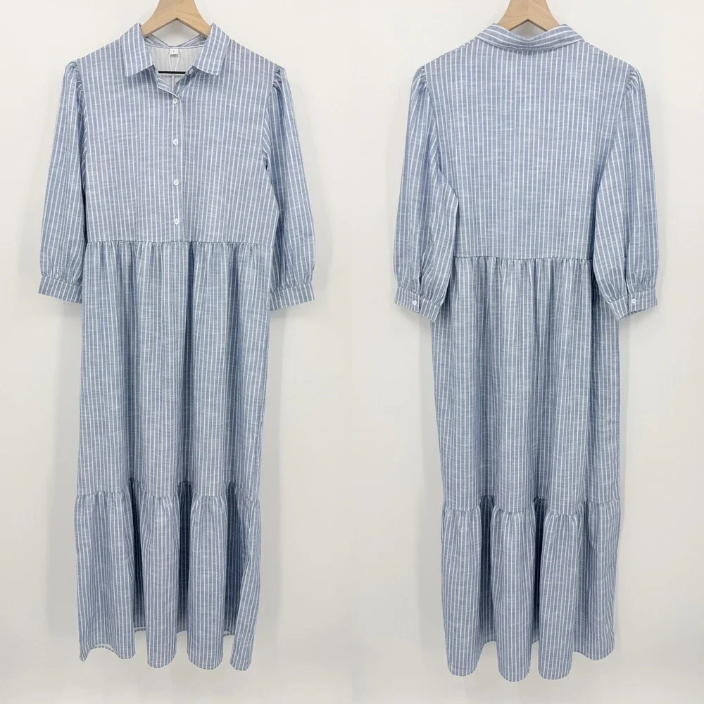 Blue White Striped Tiered Maxi Dress 3/4 Sleeve L Cottagecore Coastal Farmhouse - Picture 1 of 7